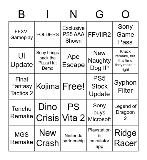 Sony Expo Wishlist Bingo Card