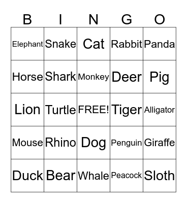 Animal Bingo Card