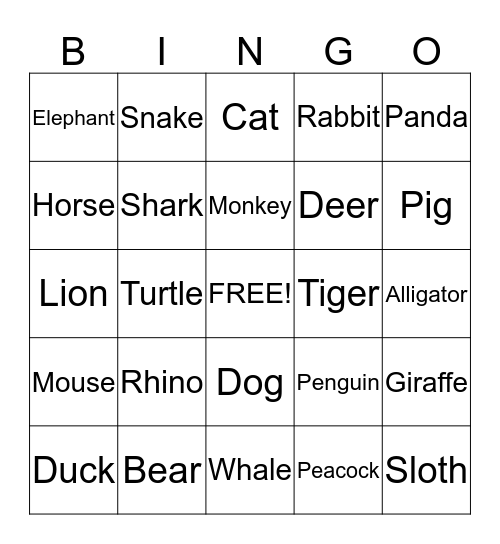 Animal Bingo Card