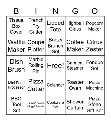 Gift Registry Bingo Card