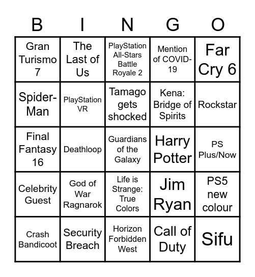 September 2021 PlayStation Showcase Bingo Card