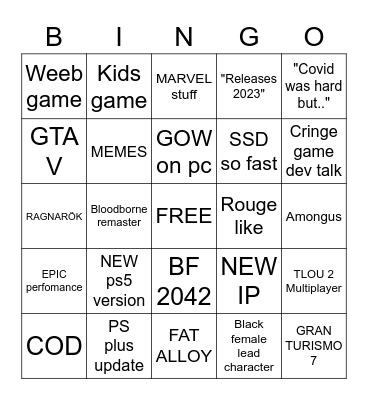 PS5 showcase Bingo Card