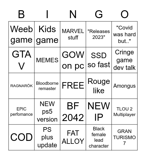 PS5 showcase Bingo Card