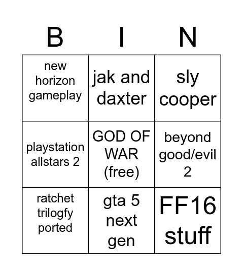 ps5 Bingo Card