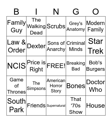 TV Shows Bingo Card