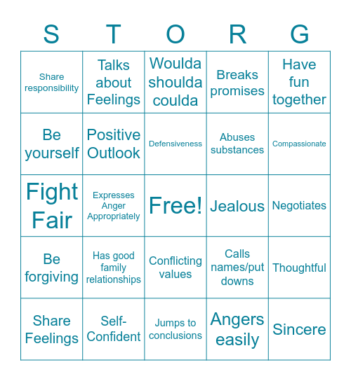 Healthy Relationships Bingo Card