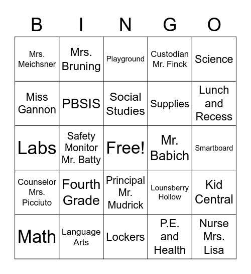 Back to School Bingo Card