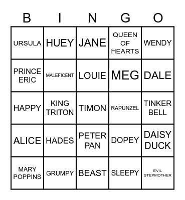 Disney Characters Bingo Card