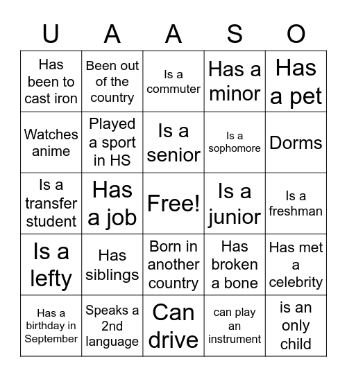 Personality BIngo Card