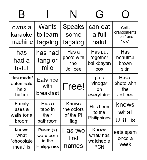Filipino Bingo Card