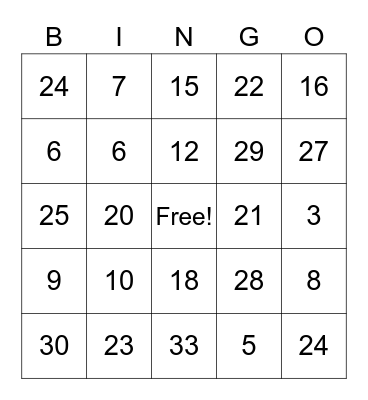 Multiplication Bingo Card