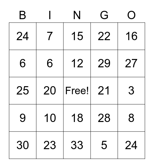 Multiplication Bingo Card