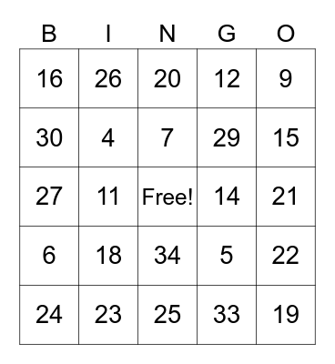 Multiplication Bingo Card