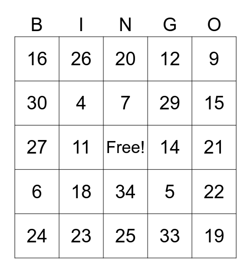 Multiplication Bingo Card