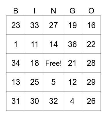Multiplication Bingo Card