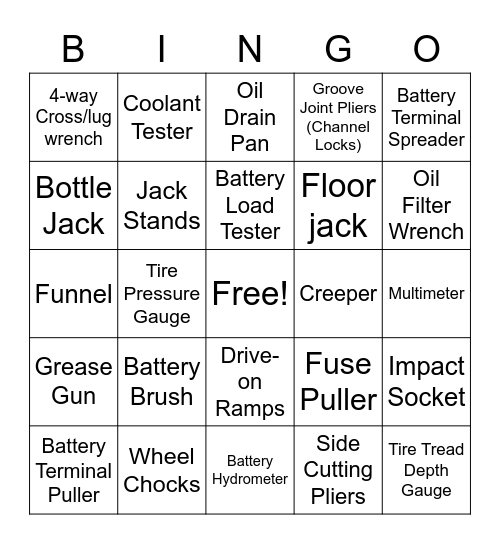 Auto Tool Bingo Card