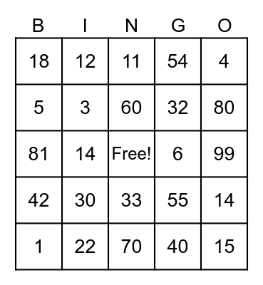 Multiplication Bingo Card