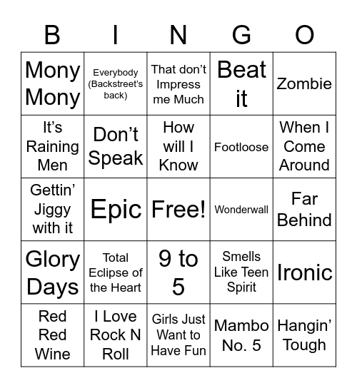 80’s & 90’s Bingo Card