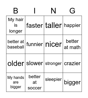Comparison Bingo Card