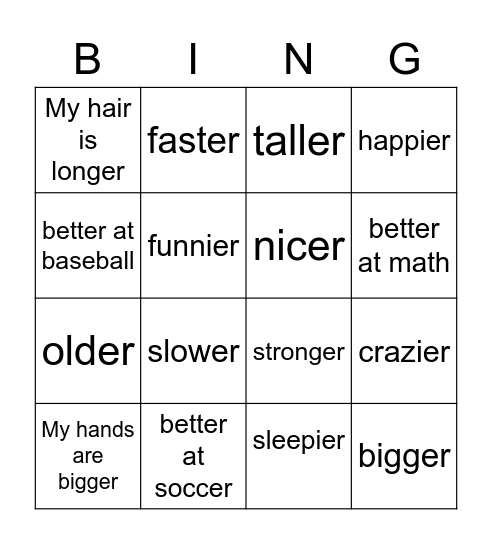 Comparison Bingo Card