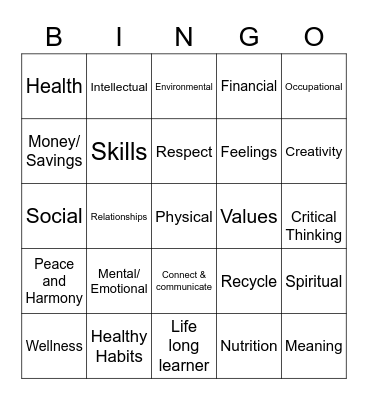 Dimensions of Health Bingo Card