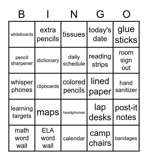 Classroom Bingo Card