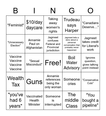 2021 Federal Election Debate Bingo Card