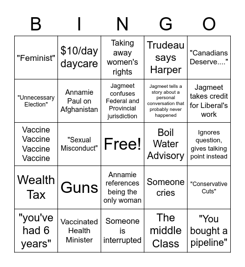 2021 Federal Election Debate Bingo Card