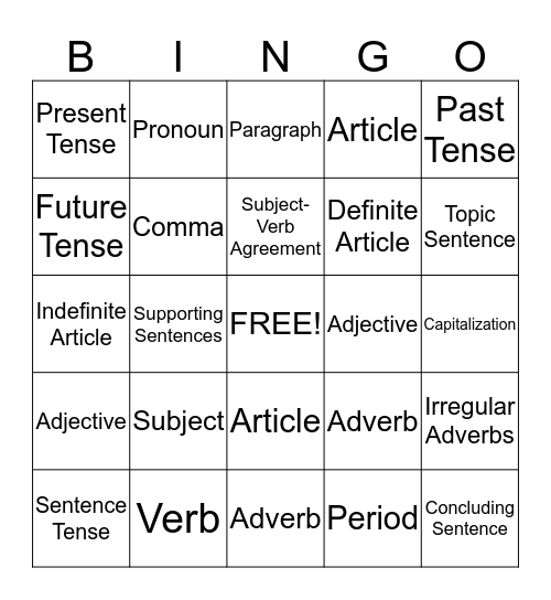 Group 4 Vocabulary Bingo Card