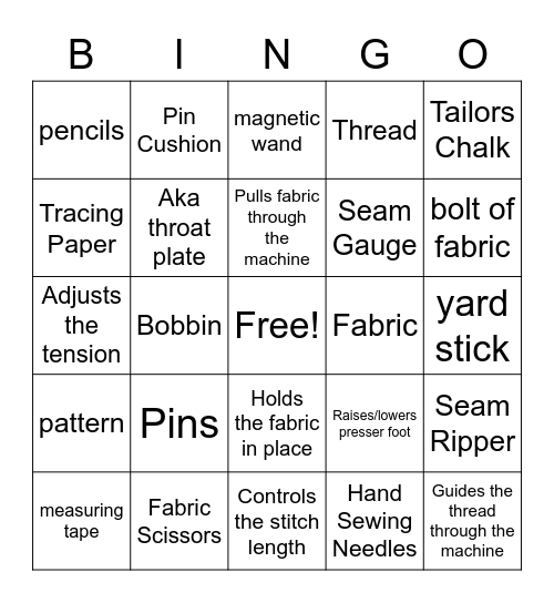 Sewing Tools Bingo Card