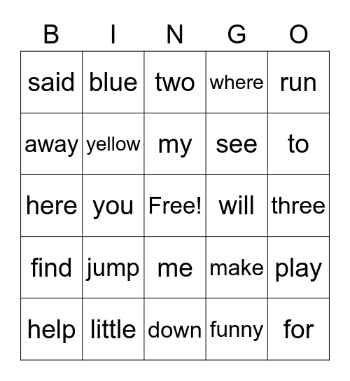 Sight Words I Bingo Card