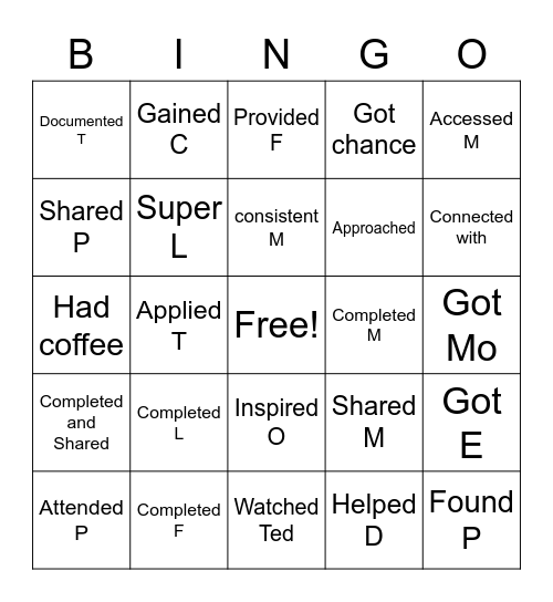 Activities Bingo Card