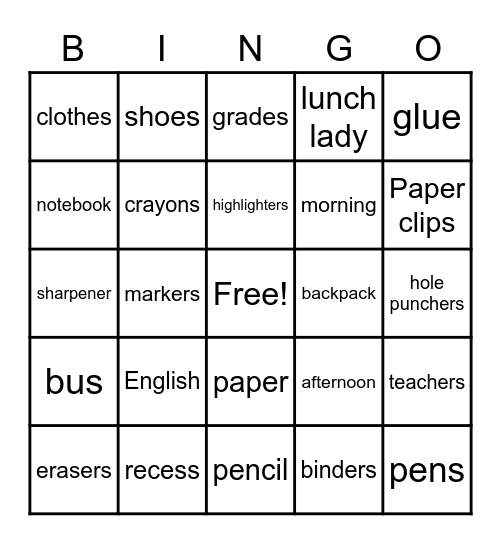 Back to School BINGO! Bingo Card