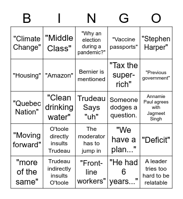 Leader's Debate Bingo Card