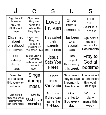 Newman Grads - Catholic Bingo Card