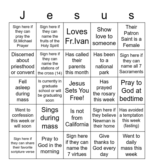 Newman Grads - Catholic Bingo Card