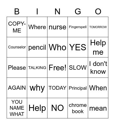 ASL Survival Signs Bingo Card