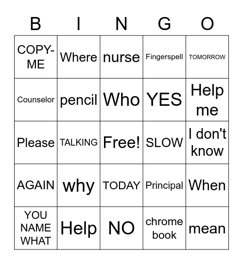 ASL Survival Signs Bingo Card
