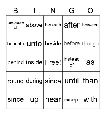 Preposition Bingo Card