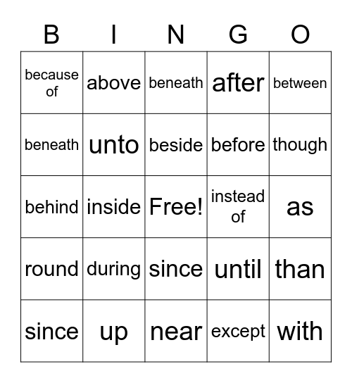 Preposition Bingo Card
