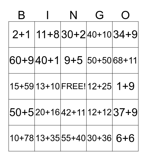 Addition Bingo Card