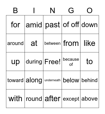 Preposition Bingo Card