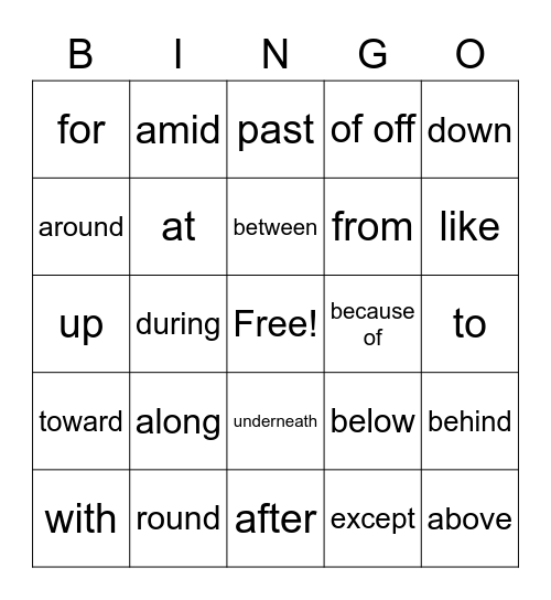 Preposition Bingo Card