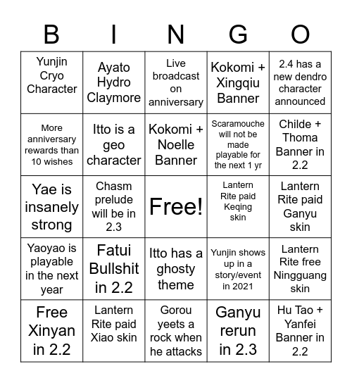 Genshin Leaks Bingo Card