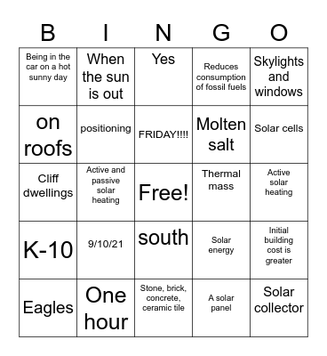 Solar Energy Bingo Card