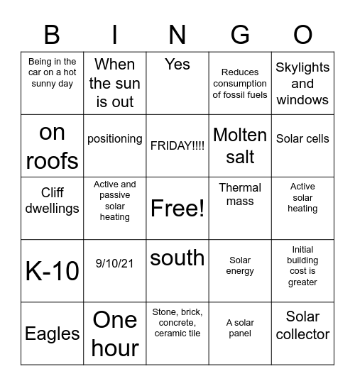 Solar Energy Bingo Card
