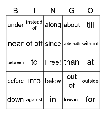 Preposition Bingo Card