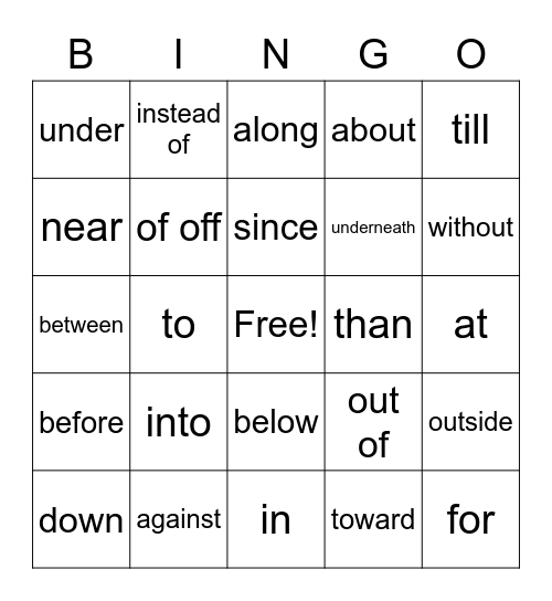Preposition Bingo Card