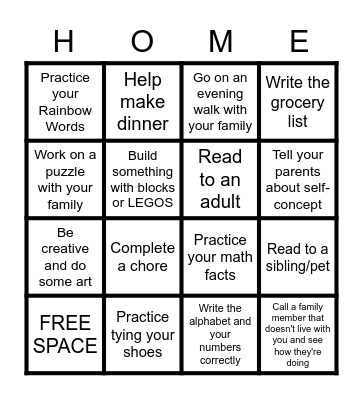Learning at Home BINGO Card