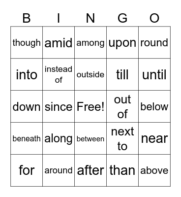 Preposition Bingo Card